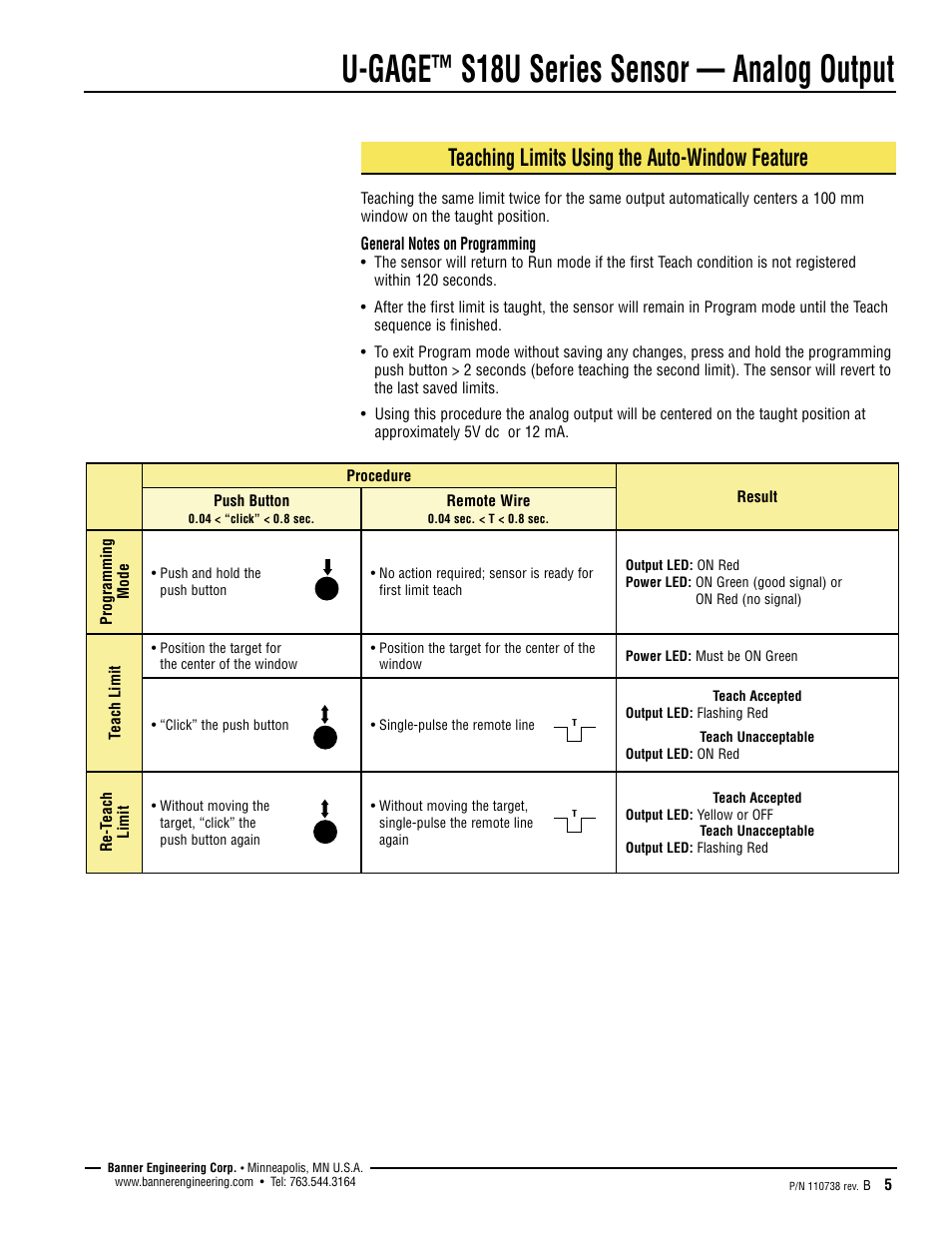 U-gage, S18u series sensor — analog output, Teaching limits using the auto-window feature | Banner U-GAGE S18U Series—Analog User Manual | Page 5 / 12