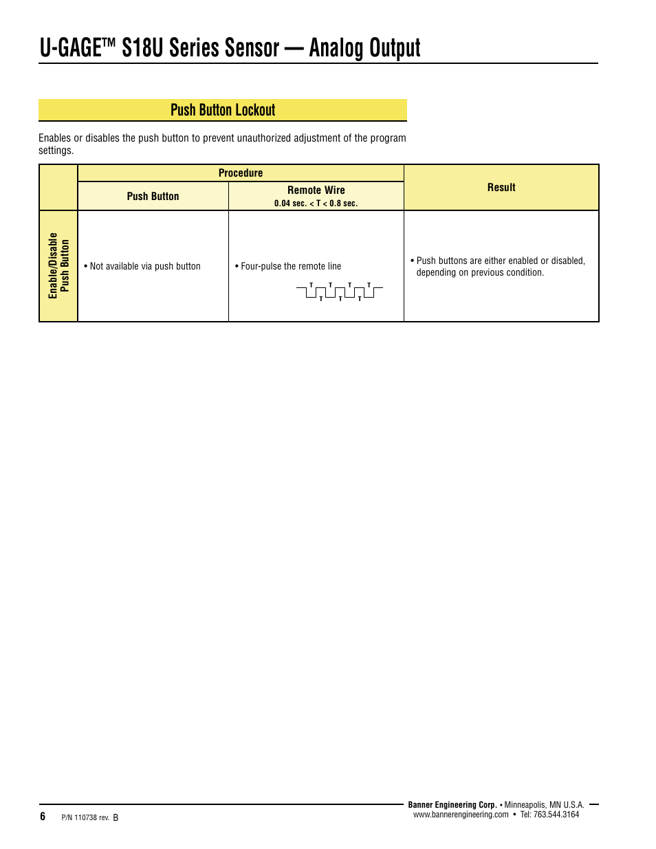 U-gage, S18u series sensor — analog output, Push button lockout | Banner U-GAGE S18U Series—Analog User Manual | Page 6 / 12