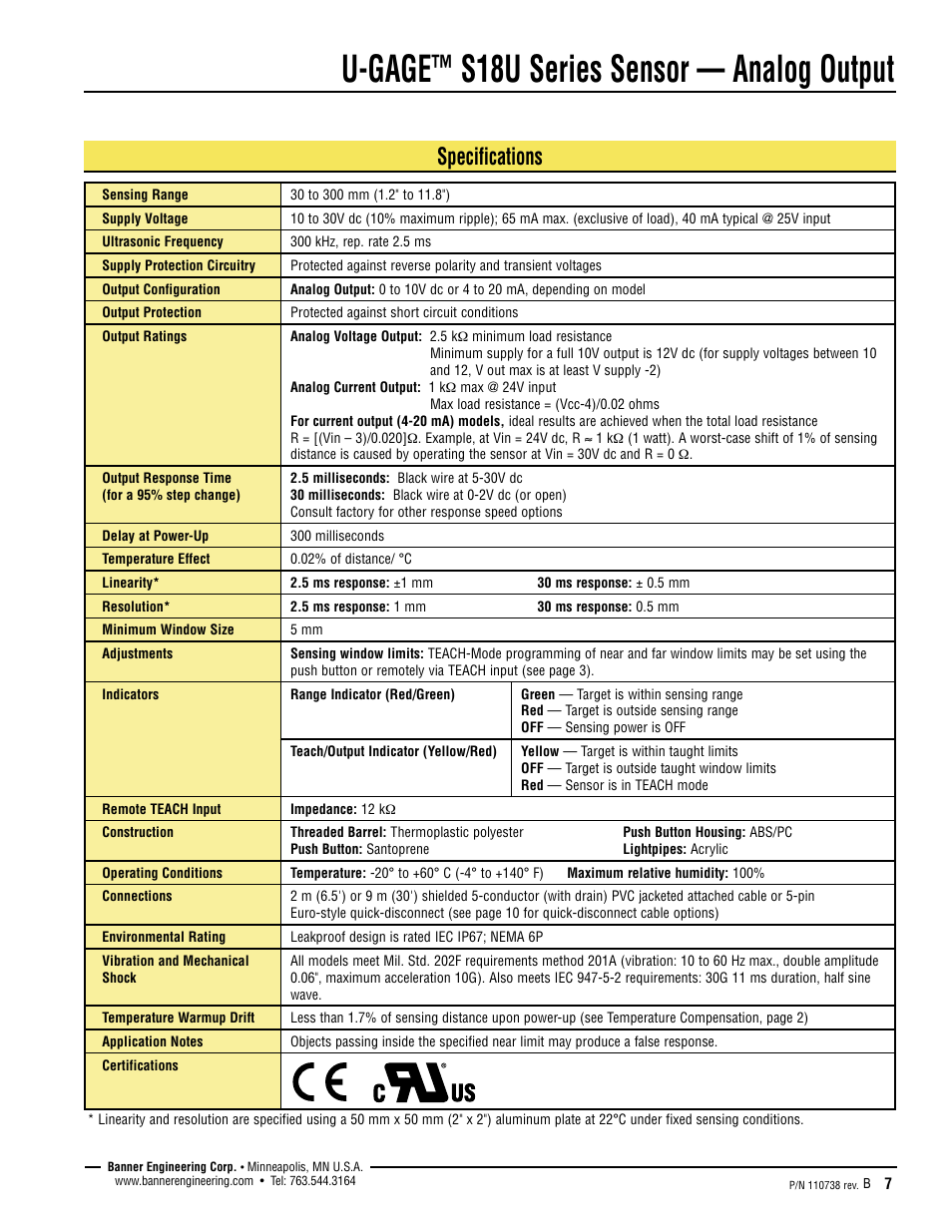 U-gage, S18u series sensor — analog output, Specifications | Banner U-GAGE S18U Series—Analog User Manual | Page 7 / 12