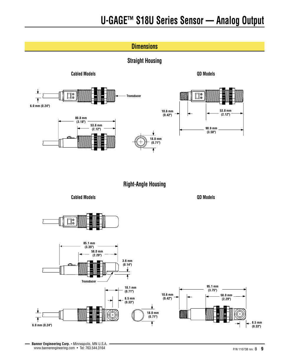 U-gage, S18u series sensor — analog output, Dimensions | Straight housing right-angle housing, Cabled models qd models cabled models qd models | Banner U-GAGE S18U Series—Analog User Manual | Page 9 / 12