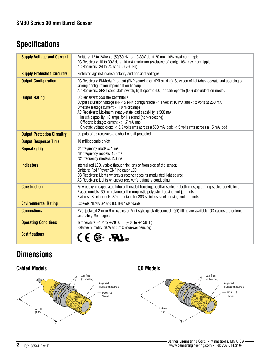 Specifications dimensions, Cabled models qd models, Sm30 series 30 mm barrel sensor | Banner SM30 High-Power Series User Manual | Page 2 / 4