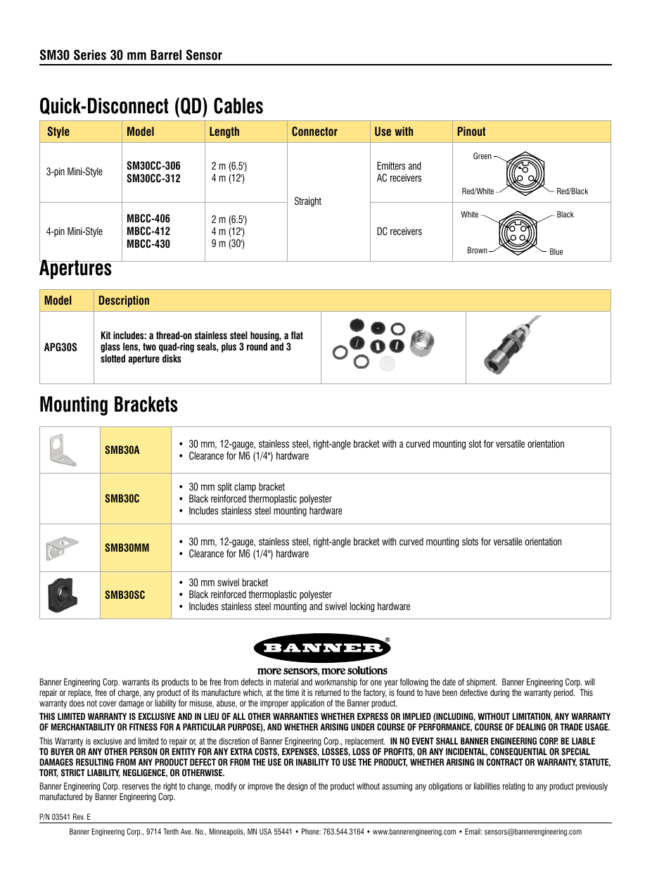 Quick-disconnect (qd) cables, Mounting brackets apertures, Sm30 series 30 mm barrel sensor | Banner SM30 High-Power Series User Manual | Page 4 / 4