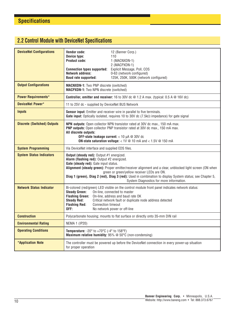 2 control module with devicenet specifications, Specifications | Banner A-GAGE MINI-ARRAY Series User Manual | Page 10 / 24