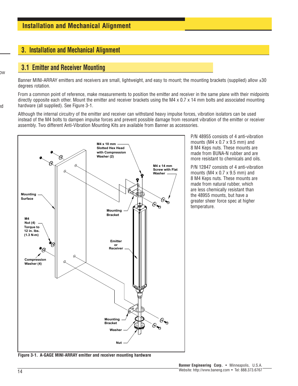 0 installation and alignment, Installation and mechanical alignment, 1 emitter and receiver mounting | Banner A-GAGE MINI-ARRAY Series User Manual | Page 14 / 24