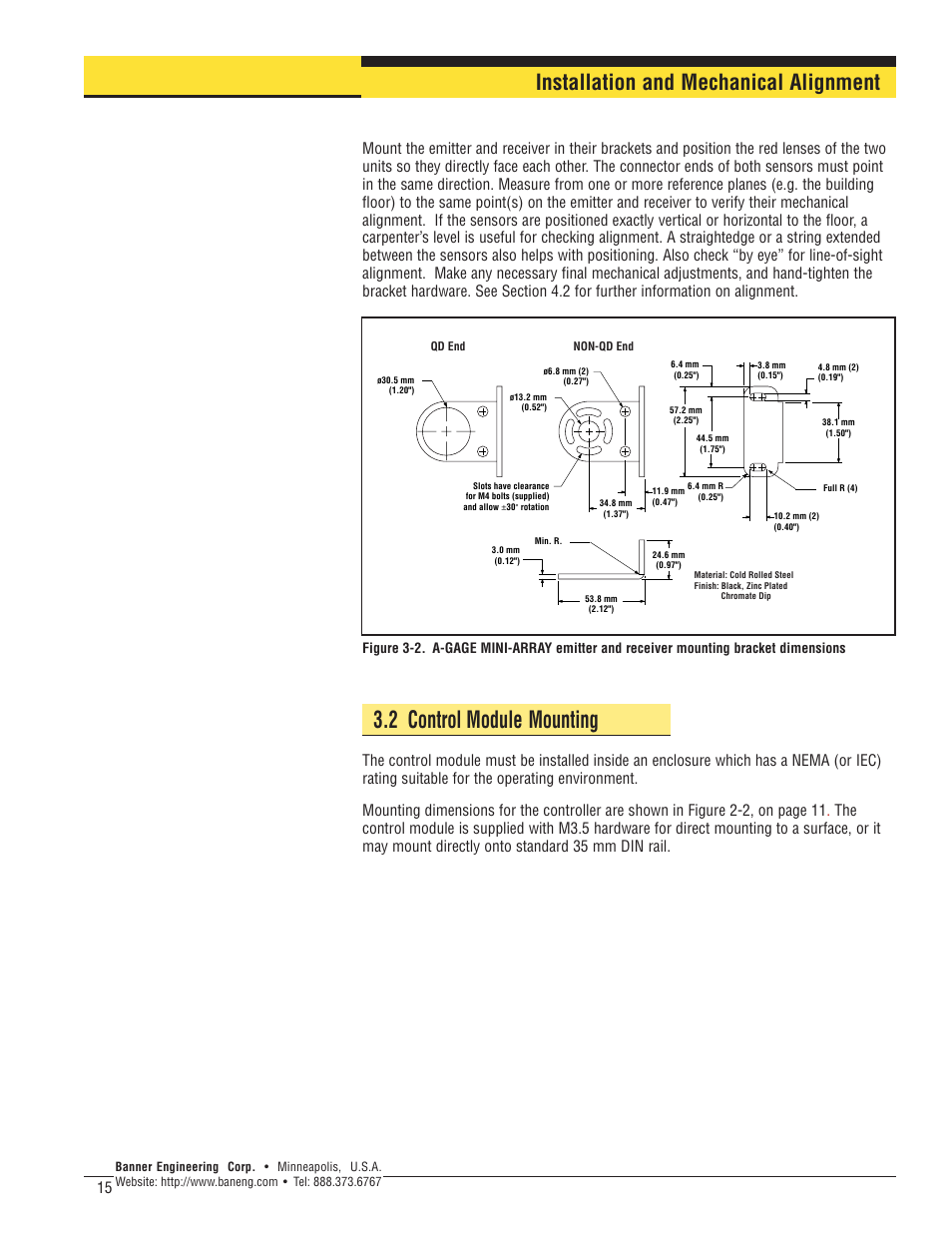 2 control module mounting, Installation and mechanical alignment | Banner A-GAGE MINI-ARRAY Series User Manual | Page 15 / 24