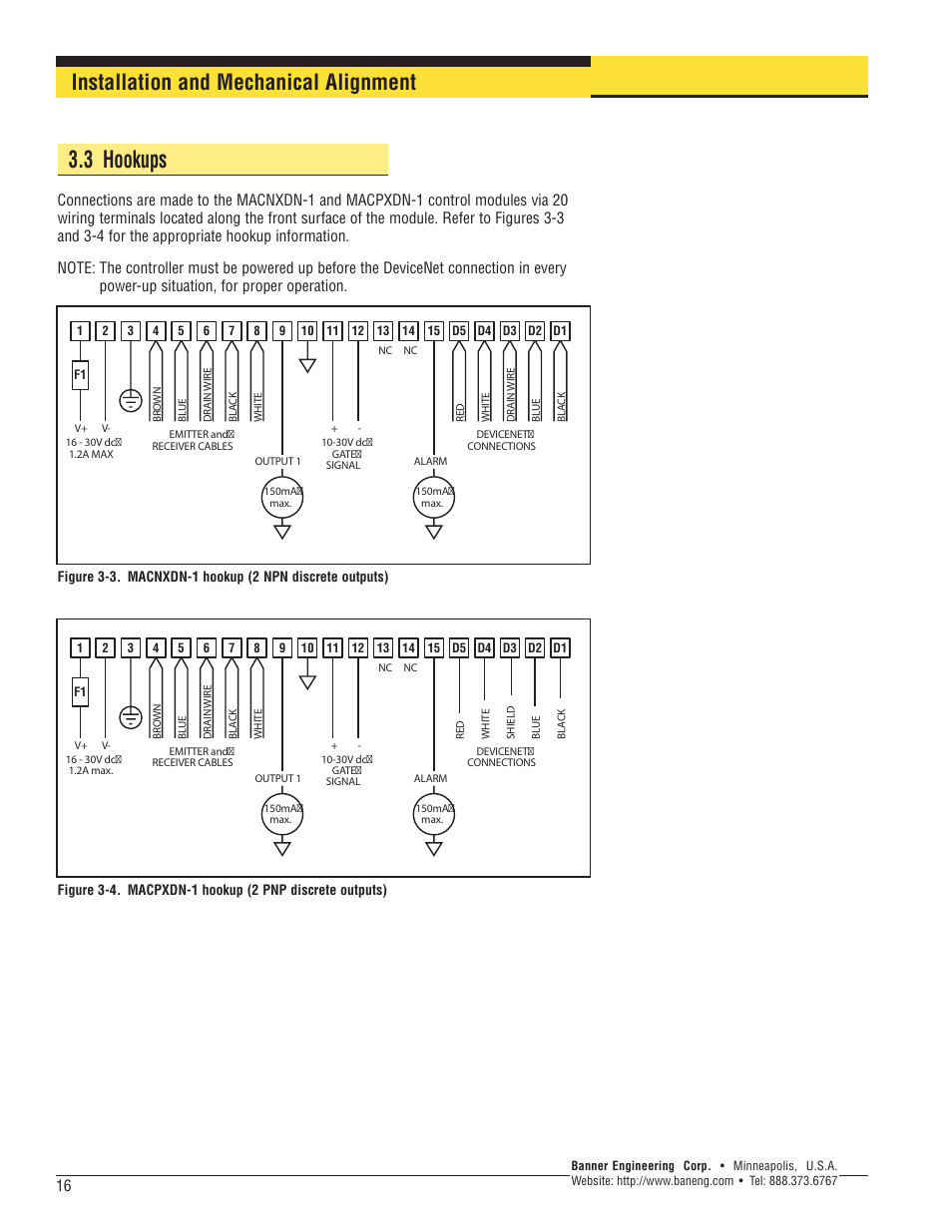 3 hookups, Installation and mechanical alignment | Banner A-GAGE MINI-ARRAY Series User Manual | Page 16 / 24