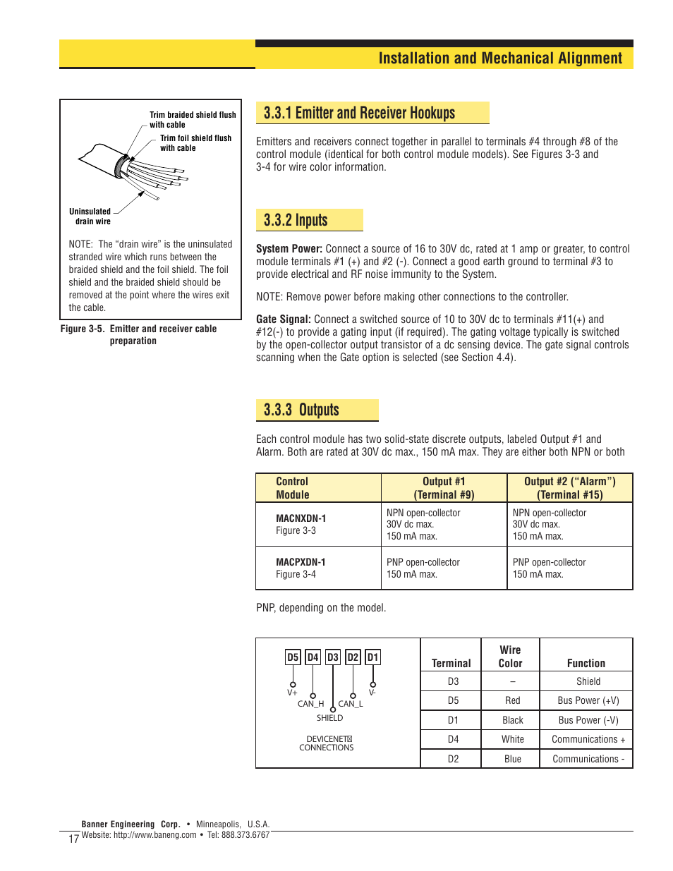 1 emitter and receiver hookups, 2 inputs, 3 outputs | Installation and mechanical alignment | Banner A-GAGE MINI-ARRAY Series User Manual | Page 17 / 24