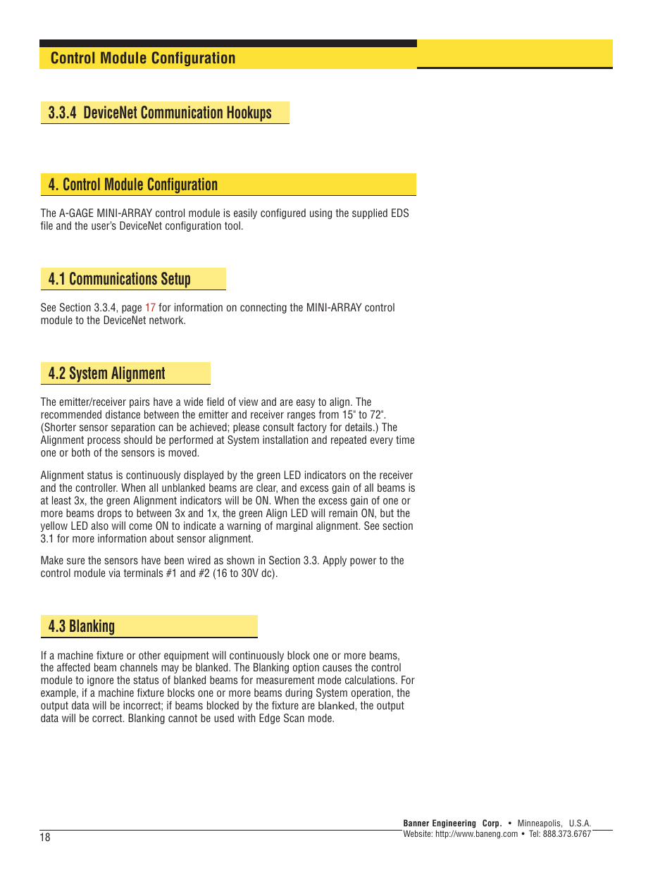 1 communications setup, 2 system alignment, 3 blanking | Control module configuration | Banner A-GAGE MINI-ARRAY Series User Manual | Page 18 / 24