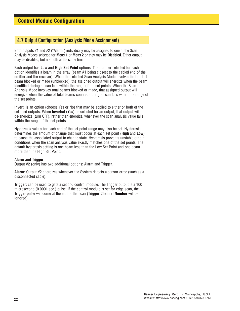 7 output configuration (analysis mode assignment), Control module configuration | Banner A-GAGE MINI-ARRAY Series User Manual | Page 22 / 24