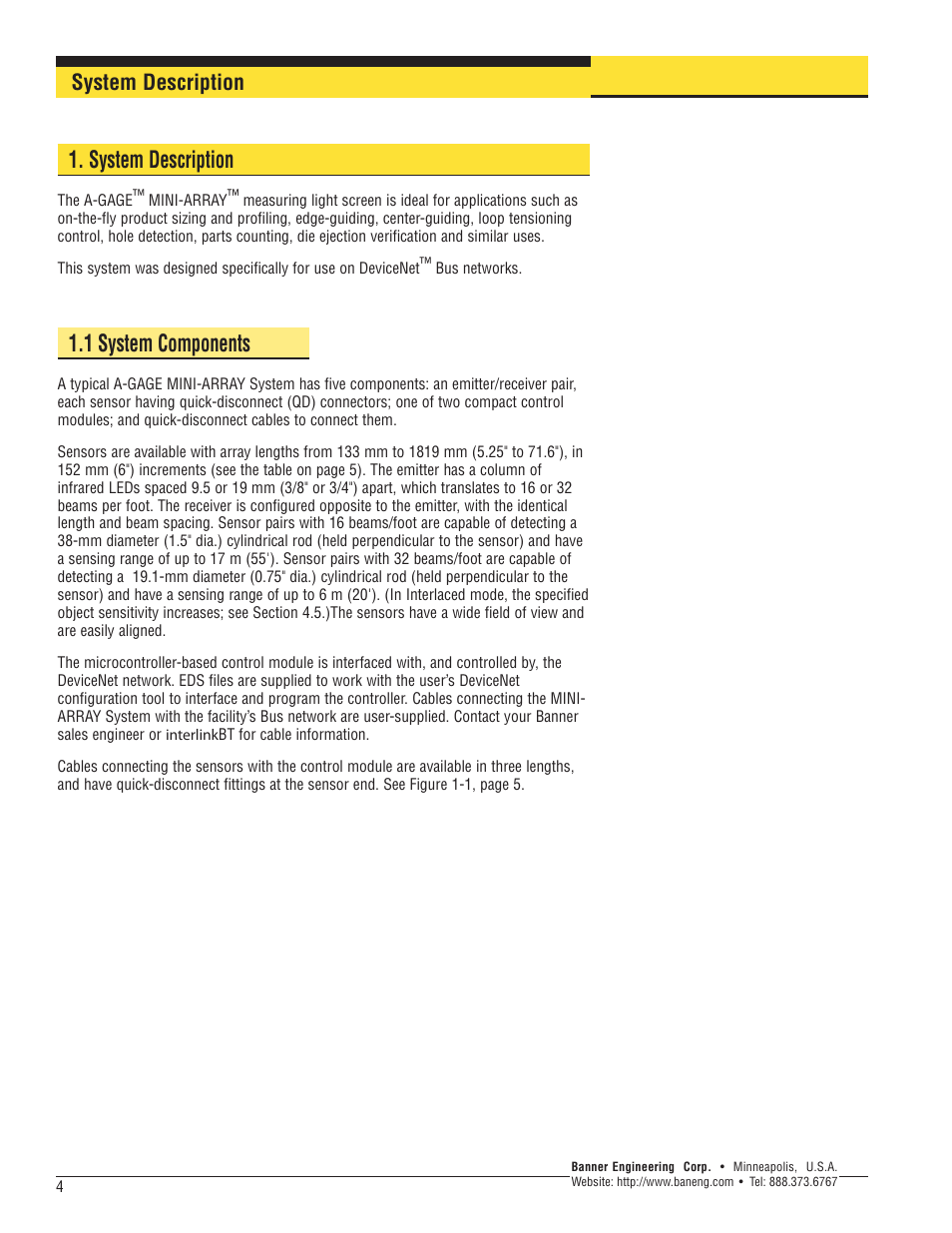 1 system components, System description | Banner A-GAGE MINI-ARRAY Series User Manual | Page 4 / 24