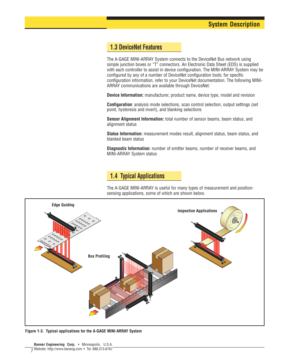 3 devicenet features, 4 typical applications, System description | Banner A-GAGE MINI-ARRAY Series User Manual | Page 7 / 24