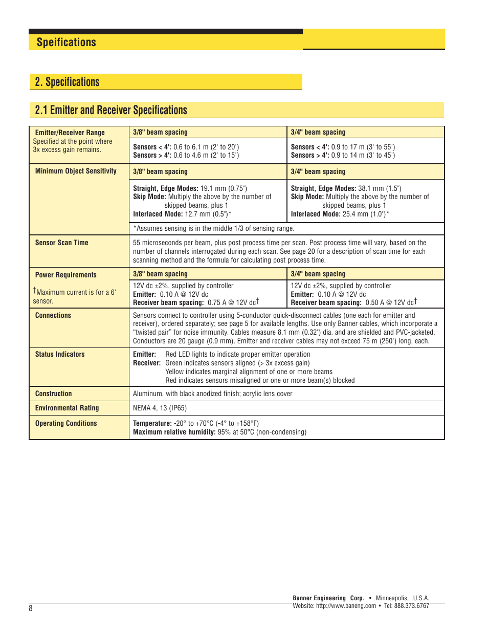 Speifications | Banner A-GAGE MINI-ARRAY Series User Manual | Page 8 / 24