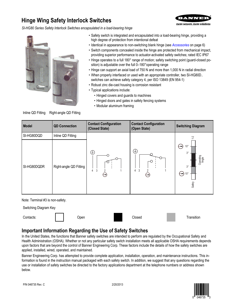 Banner SI-HG63 Hinge Style Switches User Manual | 7 pages