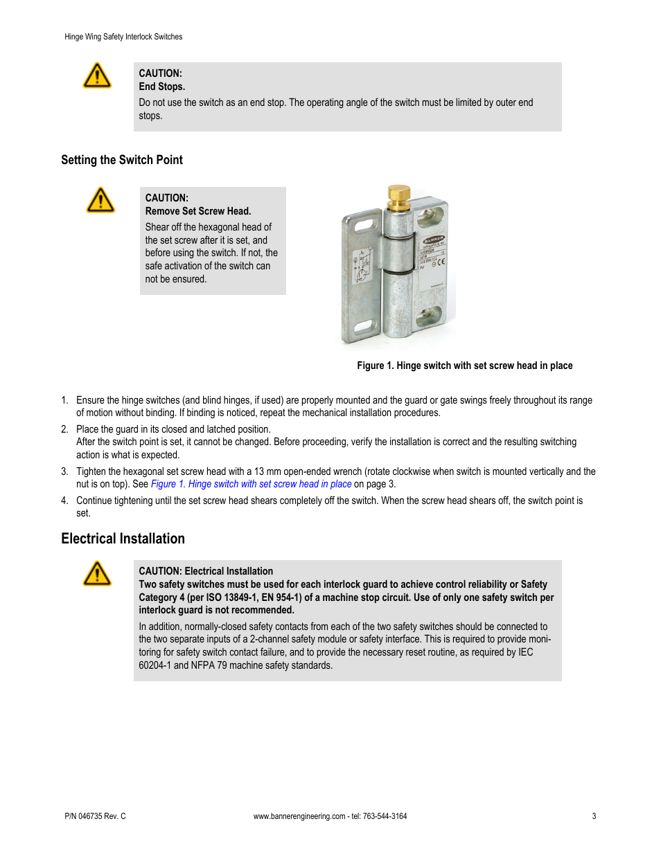 Electrical installation | Banner SI-HG63 Hinge Style Switches User Manual | Page 3 / 7