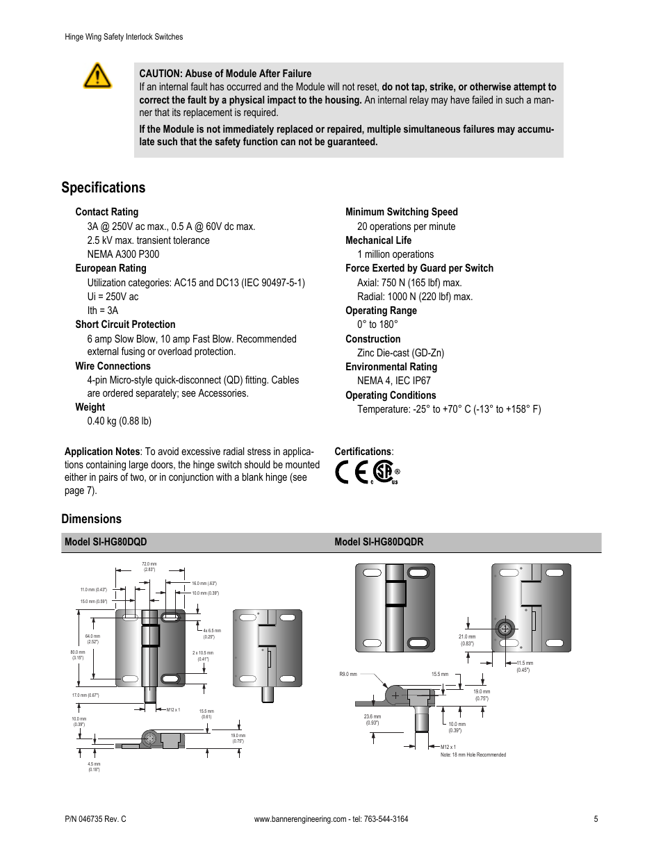 Dimensions, Specifications, Model si-hg80dqd model si-hg80dqdr | Banner SI-HG63 Hinge Style Switches User Manual | Page 5 / 7