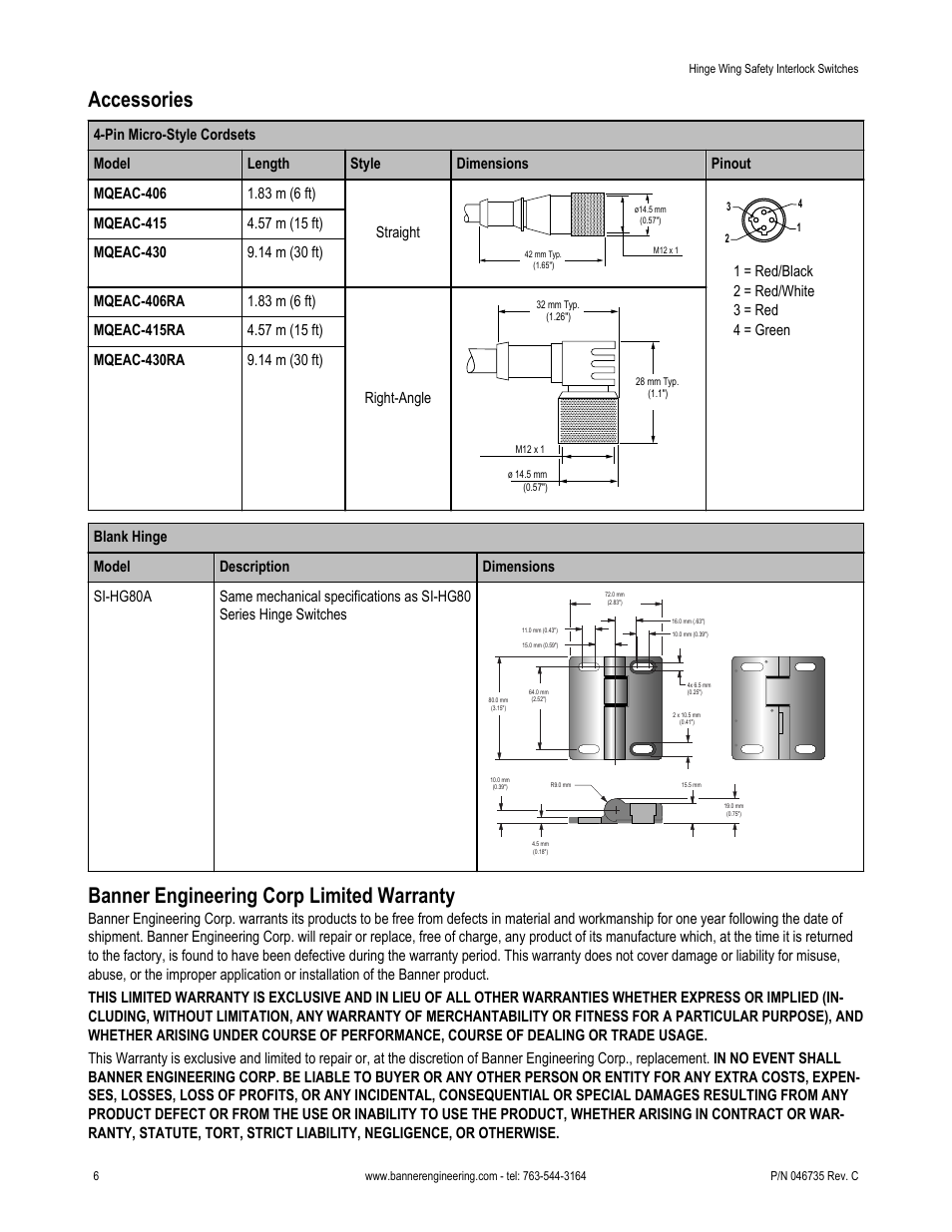 Accessories, Banner engineering corp limited warranty | Banner SI-HG63 Hinge Style Switches User Manual | Page 6 / 7