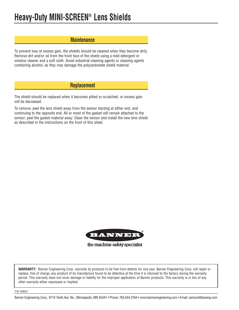 Heavy-duty mini-screen, Lens shields | Banner Heavy-Duty MINI-SCREEN User Manual | Page 2 / 2