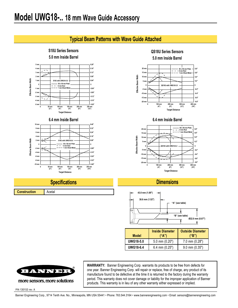 Model uwg18, 18 mm wave guide accessory, Dimensions | S18u series sensors 5.0 mm inside barrel, Qs18u series sensors 5.0 mm inside barrel, 4 mm inside barrel, Warranty | Banner U-GAGE S18U Series—Analog User Manual | Page 2 / 2