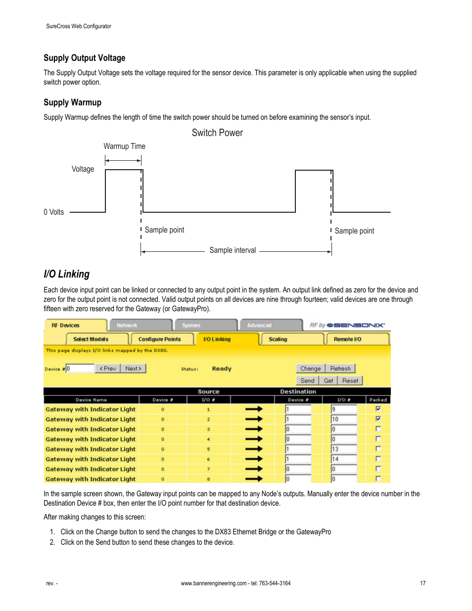Supply output voltage, Supply warmup, I/o linking | Switch power | Banner SureCross DX80 Wireless Networks User Manual | Page 17 / 81