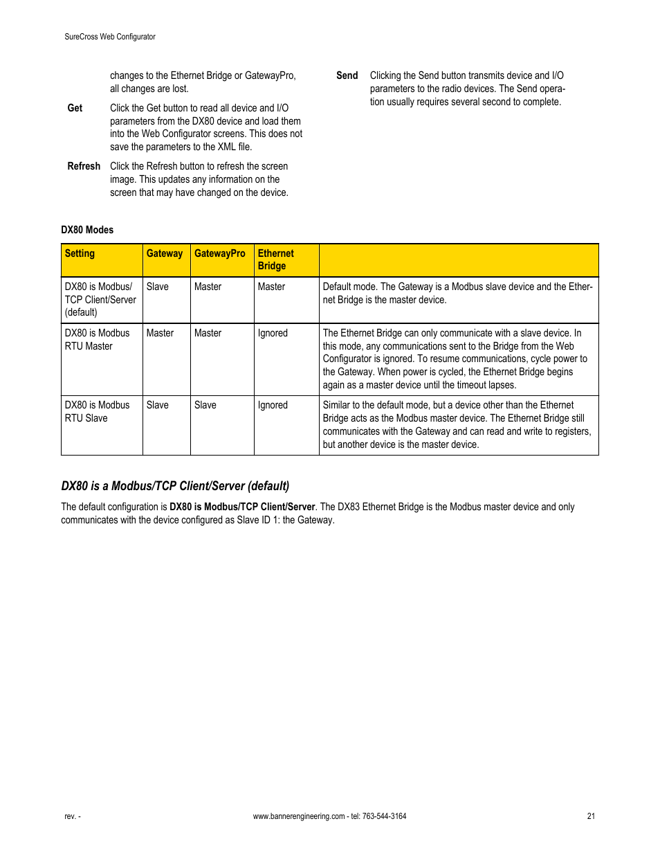 Dx80 is a modbus/tcp client/server (default) | Banner SureCross DX80 Wireless Networks User Manual | Page 21 / 81