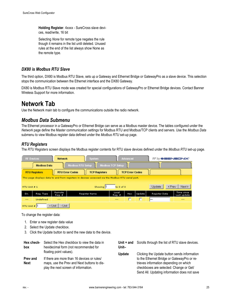 Dx80 is modbus rtu slave, Network tab, Modbus data submenu | Rtu registers | Banner SureCross DX80 Wireless Networks User Manual | Page 25 / 81