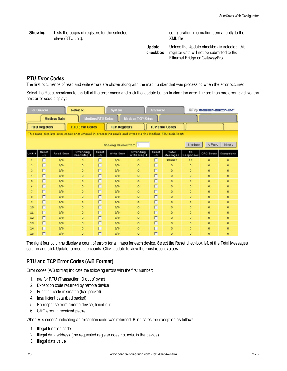 Rtu error codes, Rtu and tcp error codes (a/b format) | Banner SureCross DX80 Wireless Networks User Manual | Page 26 / 81