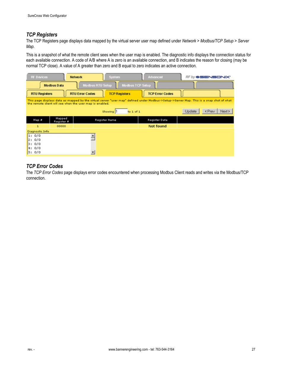 Tcp registers, Tcp error codes | Banner SureCross DX80 Wireless Networks User Manual | Page 27 / 81