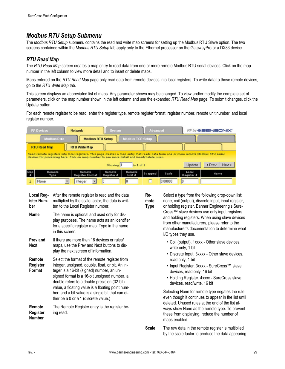 Modbus rtu setup submenu, Rtu read map | Banner SureCross DX80 Wireless Networks User Manual | Page 29 / 81