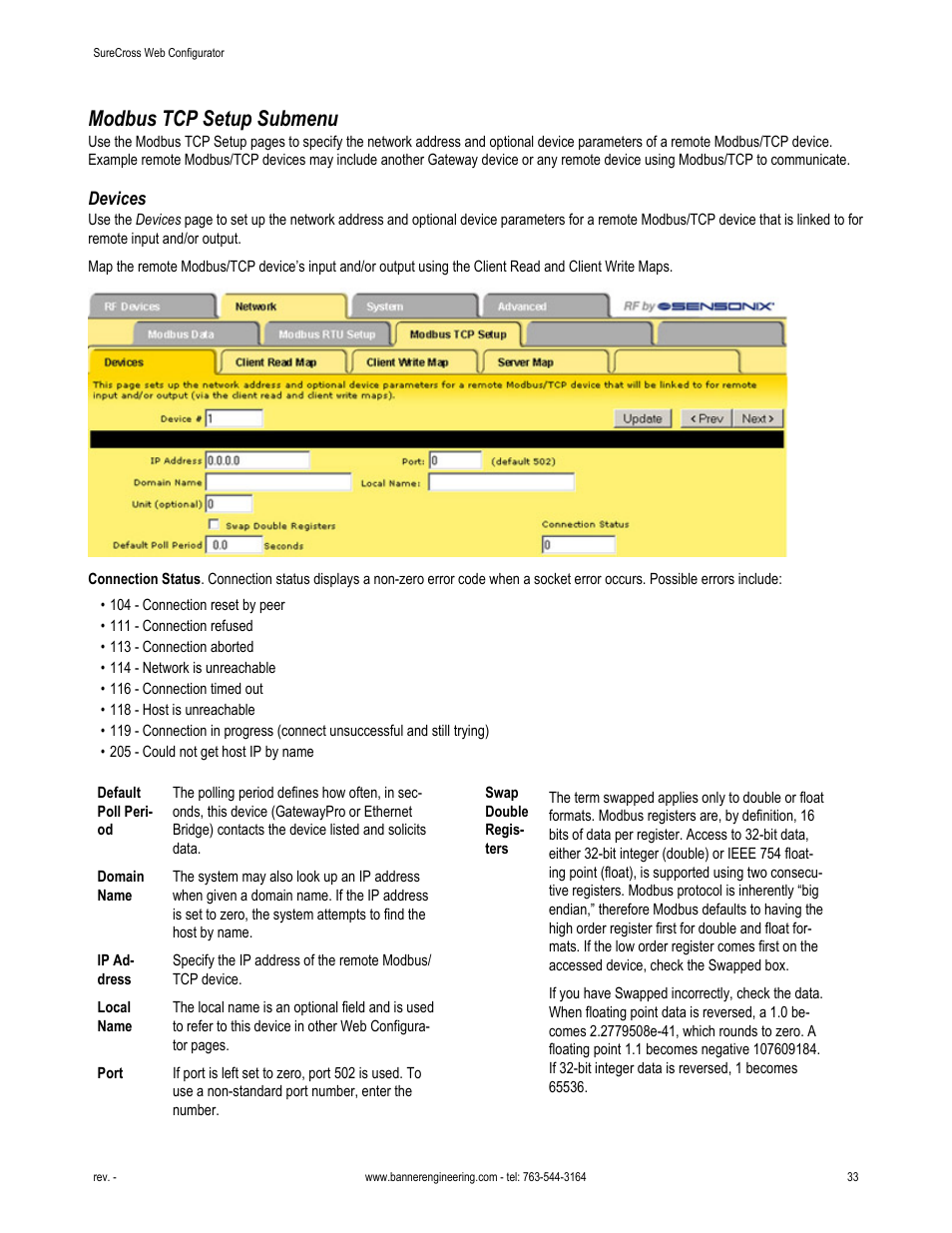 Modbus tcp setup submenu, Devices | Banner SureCross DX80 Wireless Networks User Manual | Page 33 / 81