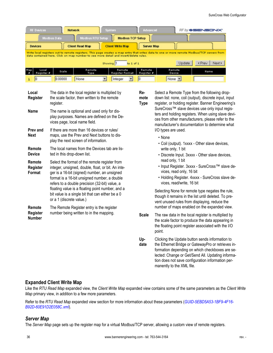 Expanded client write map, Server map | Banner SureCross DX80 Wireless Networks User Manual | Page 36 / 81