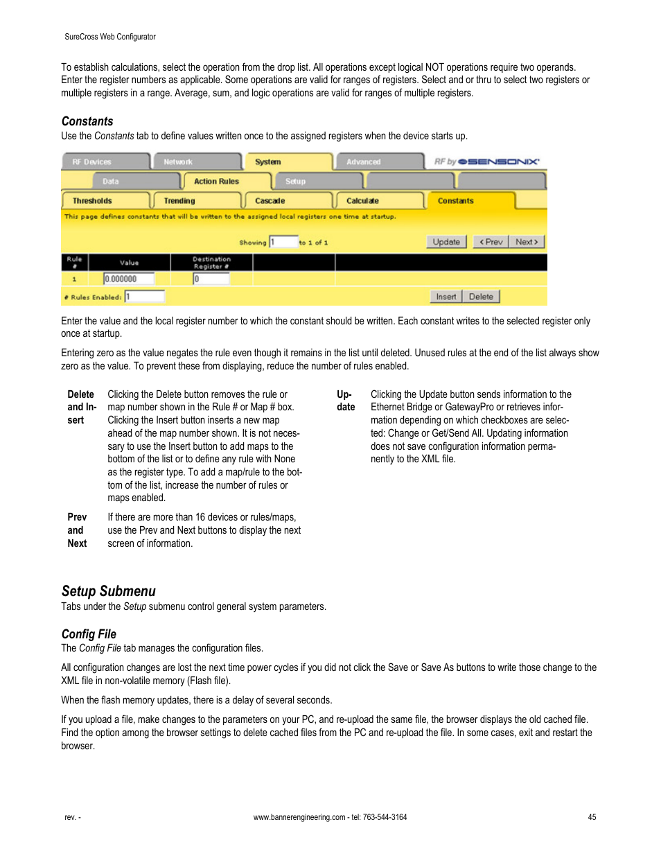 Constants, Setup submenu, Config file | Banner SureCross DX80 Wireless Networks User Manual | Page 45 / 81