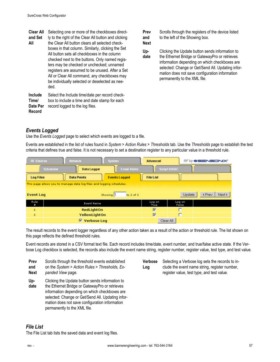 Events logged, File list | Banner SureCross DX80 Wireless Networks User Manual | Page 57 / 81