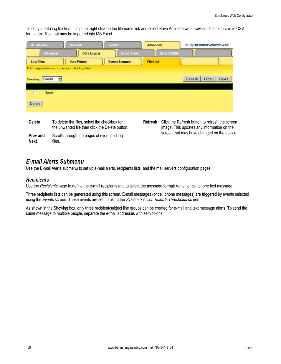 E-mail alerts submenu, Recipients | Banner SureCross DX80 Wireless Networks User Manual | Page 58 / 81