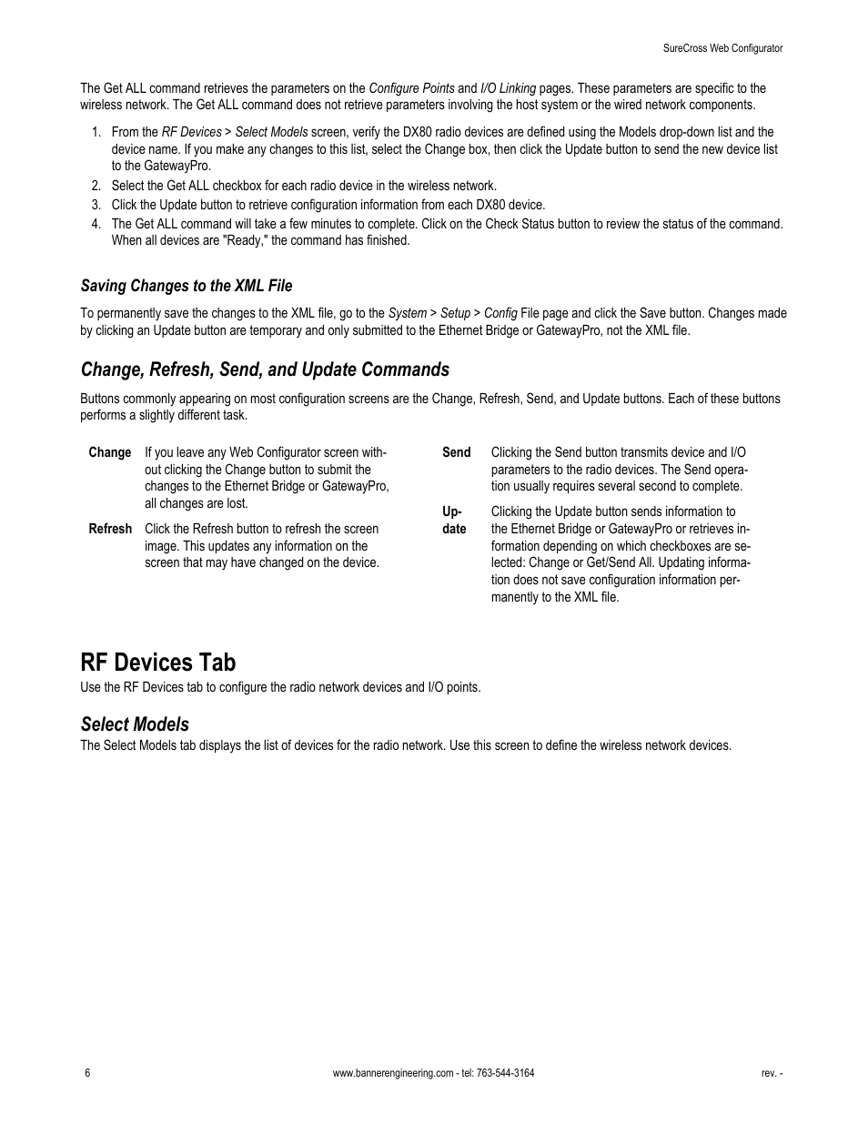 Saving changes to the xml file, Change, refresh, send, and update commands, Rf devices tab | Select models | Banner SureCross DX80 Wireless Networks User Manual | Page 6 / 81