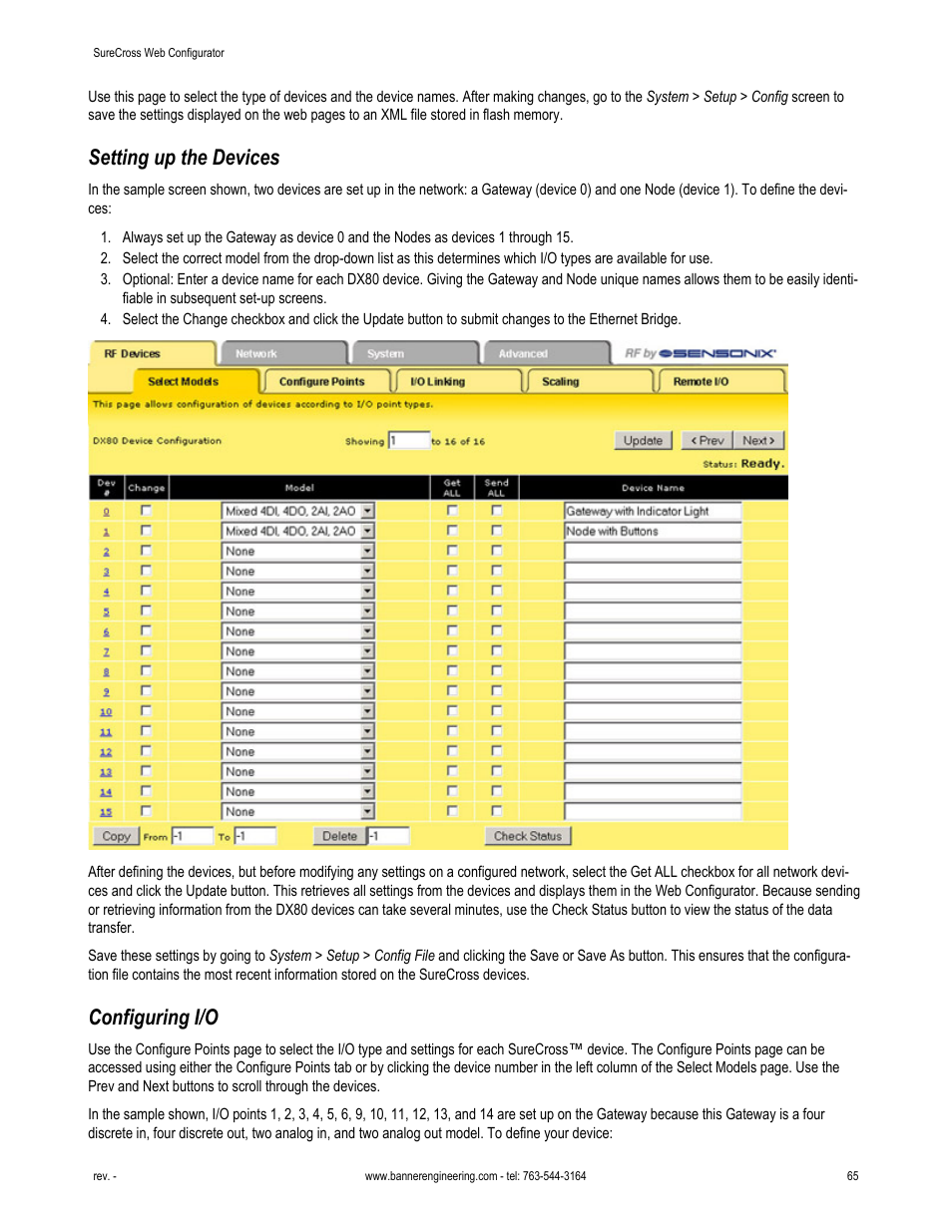 Setting up the devices, Configuring i/o | Banner SureCross DX80 Wireless Networks User Manual | Page 65 / 81
