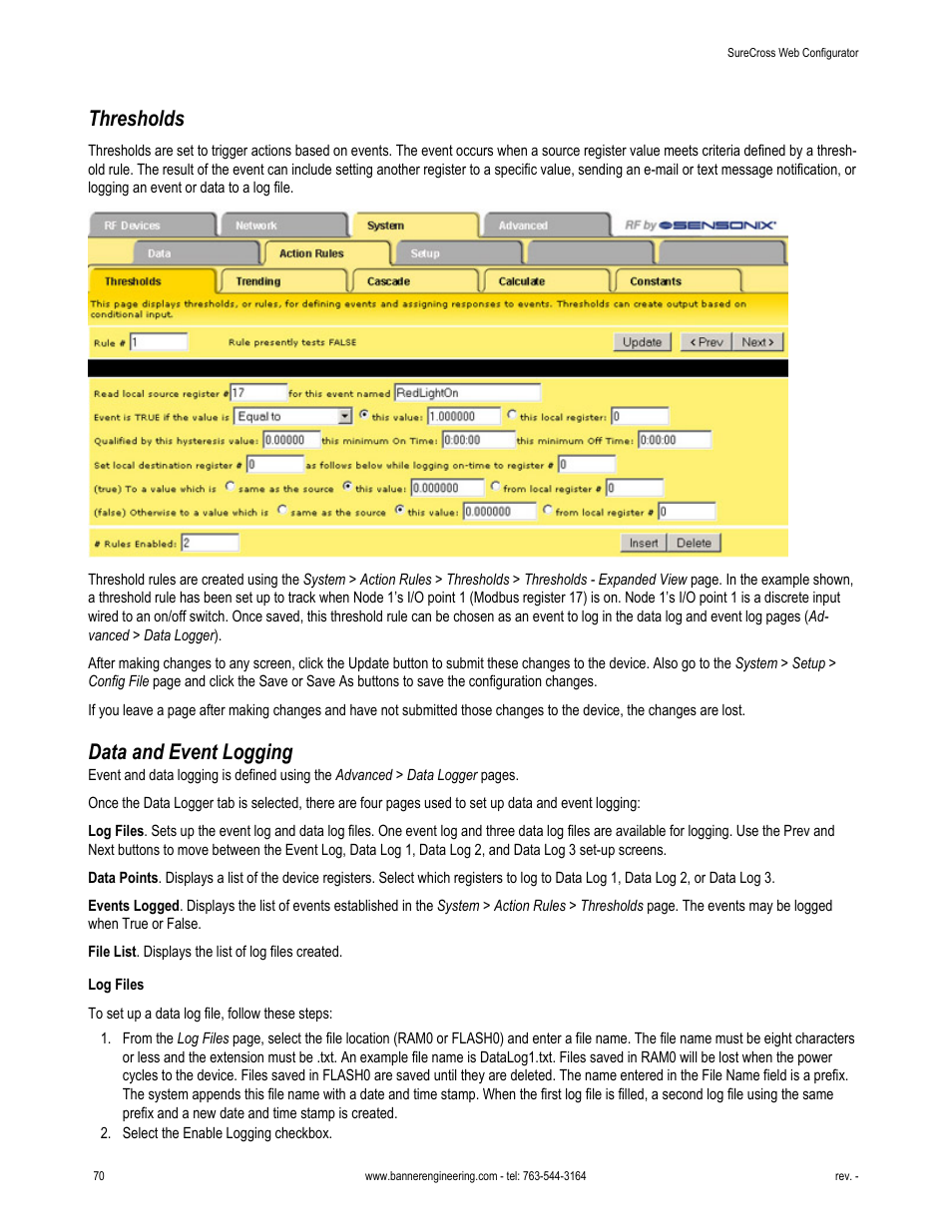 Thresholds, Data and event logging | Banner SureCross DX80 Wireless Networks User Manual | Page 70 / 81