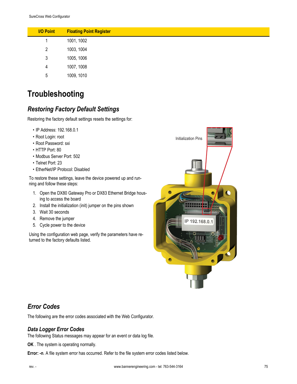 Troubleshooting, Restoring factory default settings, Error codes | Data logger error codes | Banner SureCross DX80 Wireless Networks User Manual | Page 75 / 81