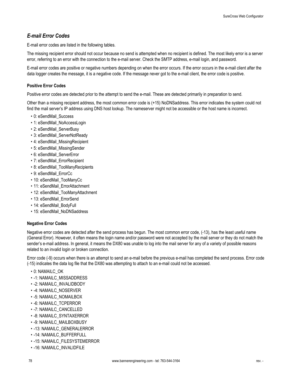 E-mail error codes | Banner SureCross DX80 Wireless Networks User Manual | Page 78 / 81