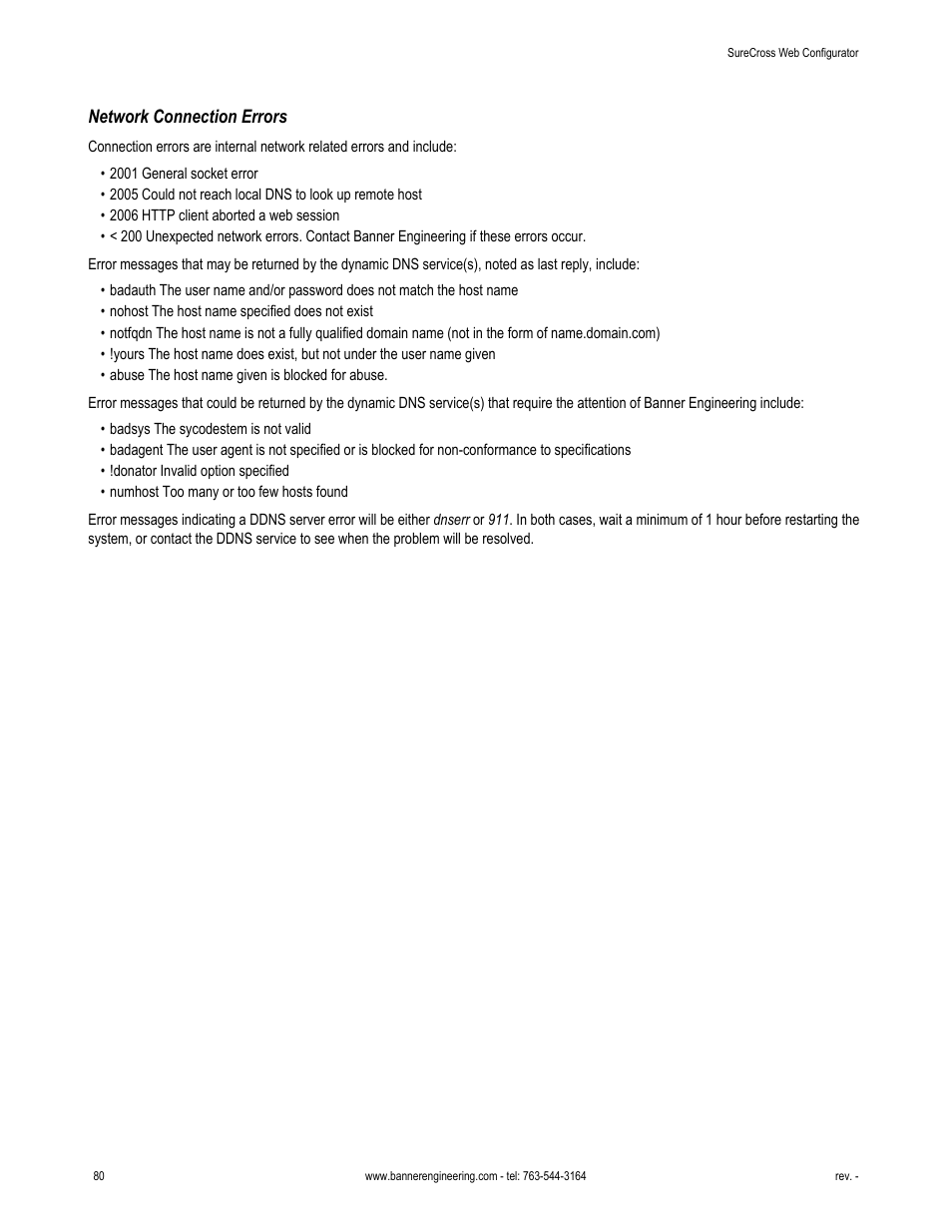 Network connection errors | Banner SureCross DX80 Wireless Networks User Manual | Page 80 / 81