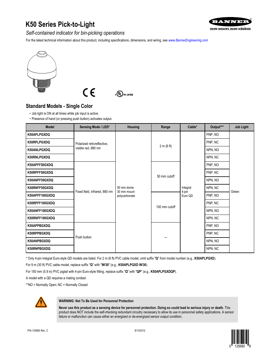 Banner K50 Pick-to-Light EZ-LIGHT User Manual | 4 pages