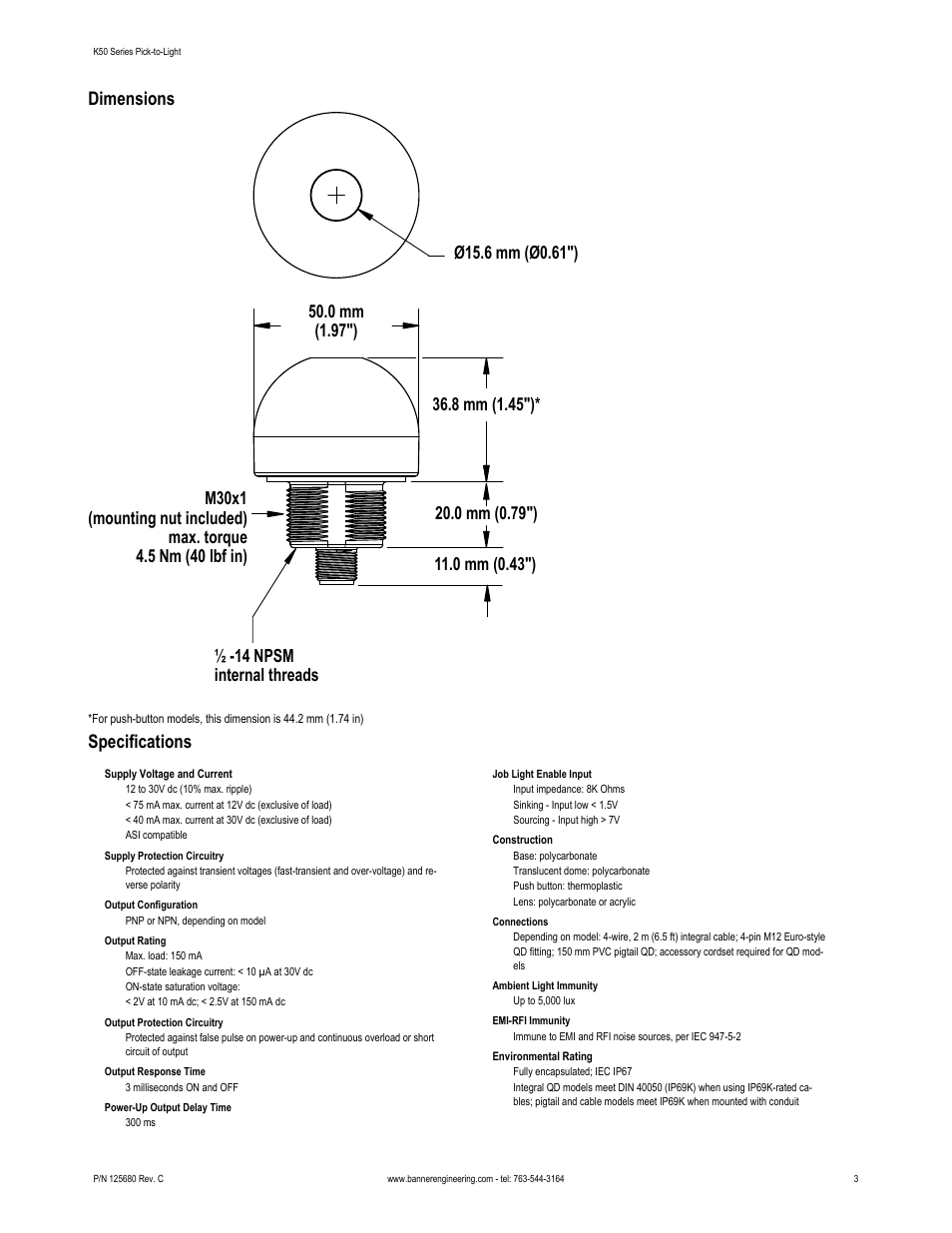 Specifications | Banner K50 Pick-to-Light EZ-LIGHT User Manual | Page 3 / 4