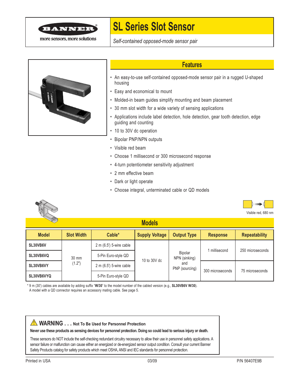 Banner SL30 Series Slot Sensors User Manual | 6 pages