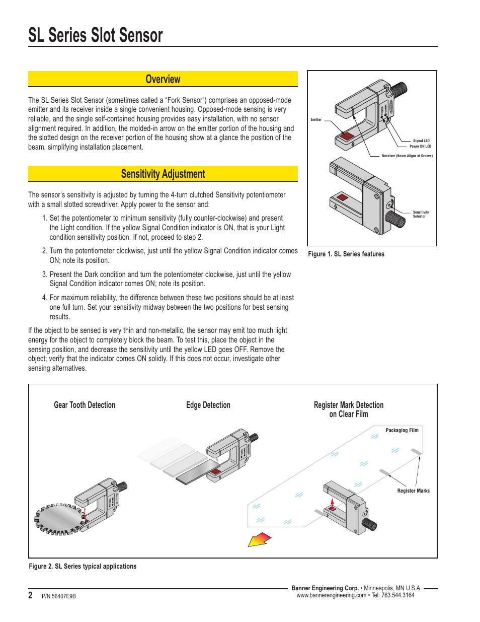 Sl series slot sensor, Overview, Sensitivity adjustment | Banner SL30 Series Slot Sensors User Manual | Page 2 / 6