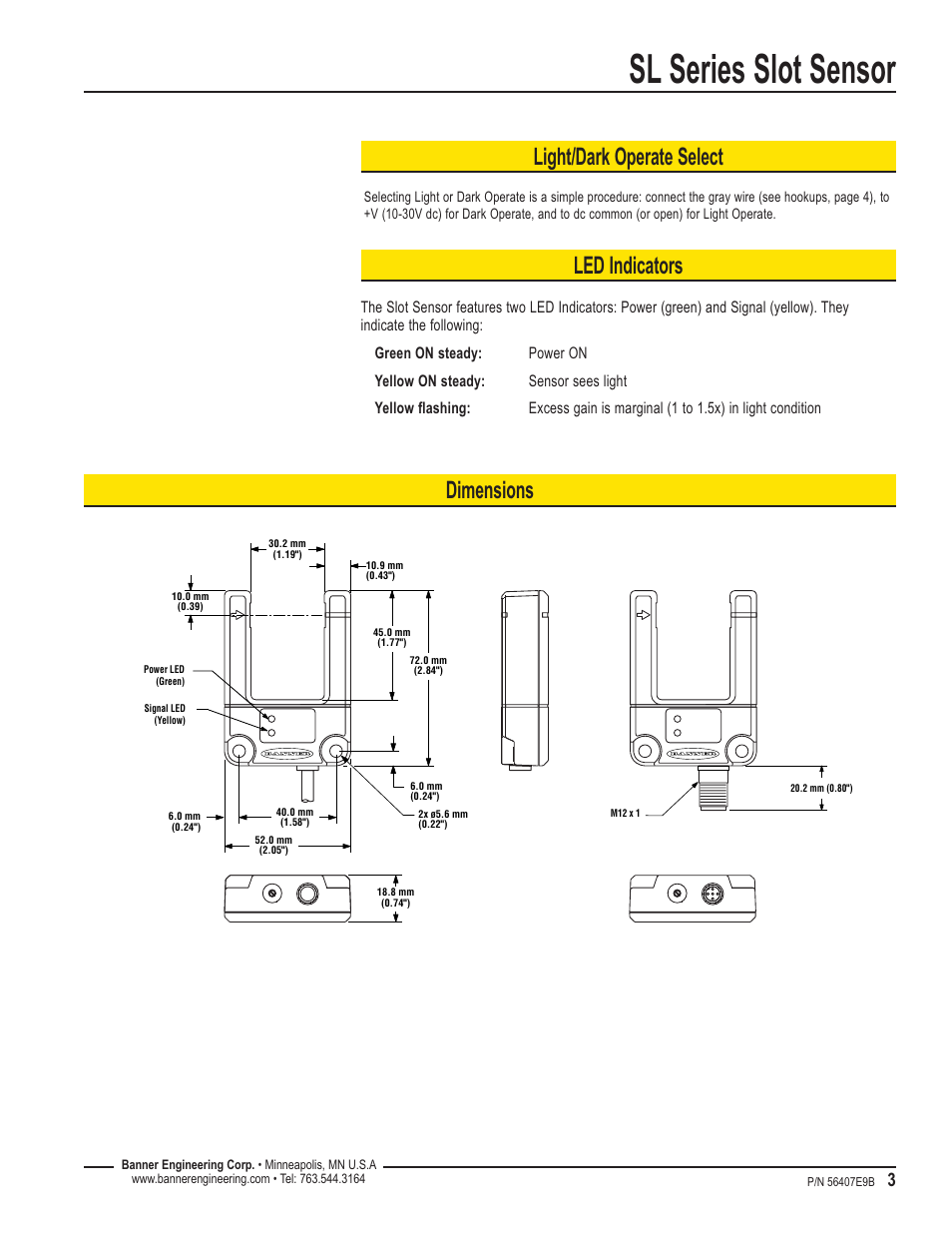 Sl series slot sensor, Dimensions light/dark operate select, Led indicators | Banner SL30 Series Slot Sensors User Manual | Page 3 / 6