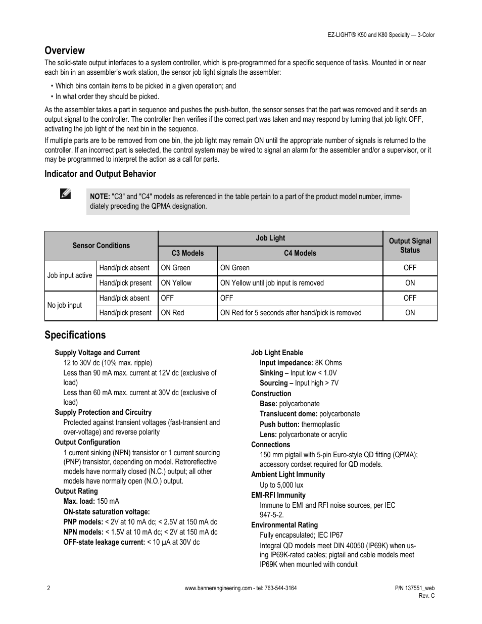 Overview, Specifications | Banner K80 Pick-to-Light EZ-LIGHT User Manual | Page 2 / 6