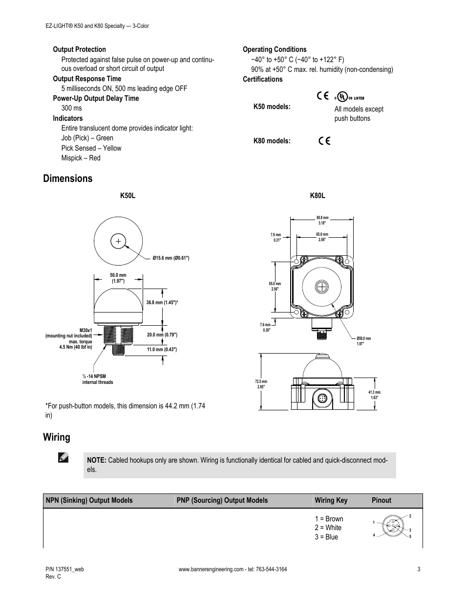 Dimensions, Wiring | Banner K80 Pick-to-Light EZ-LIGHT User Manual | Page 3 / 6