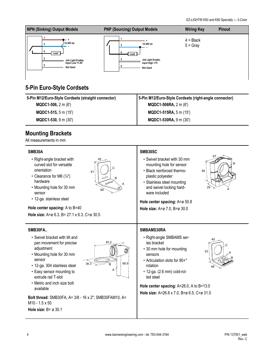 Pin euro-style cordsets, Mounting brackets | Banner K80 Pick-to-Light EZ-LIGHT User Manual | Page 4 / 6