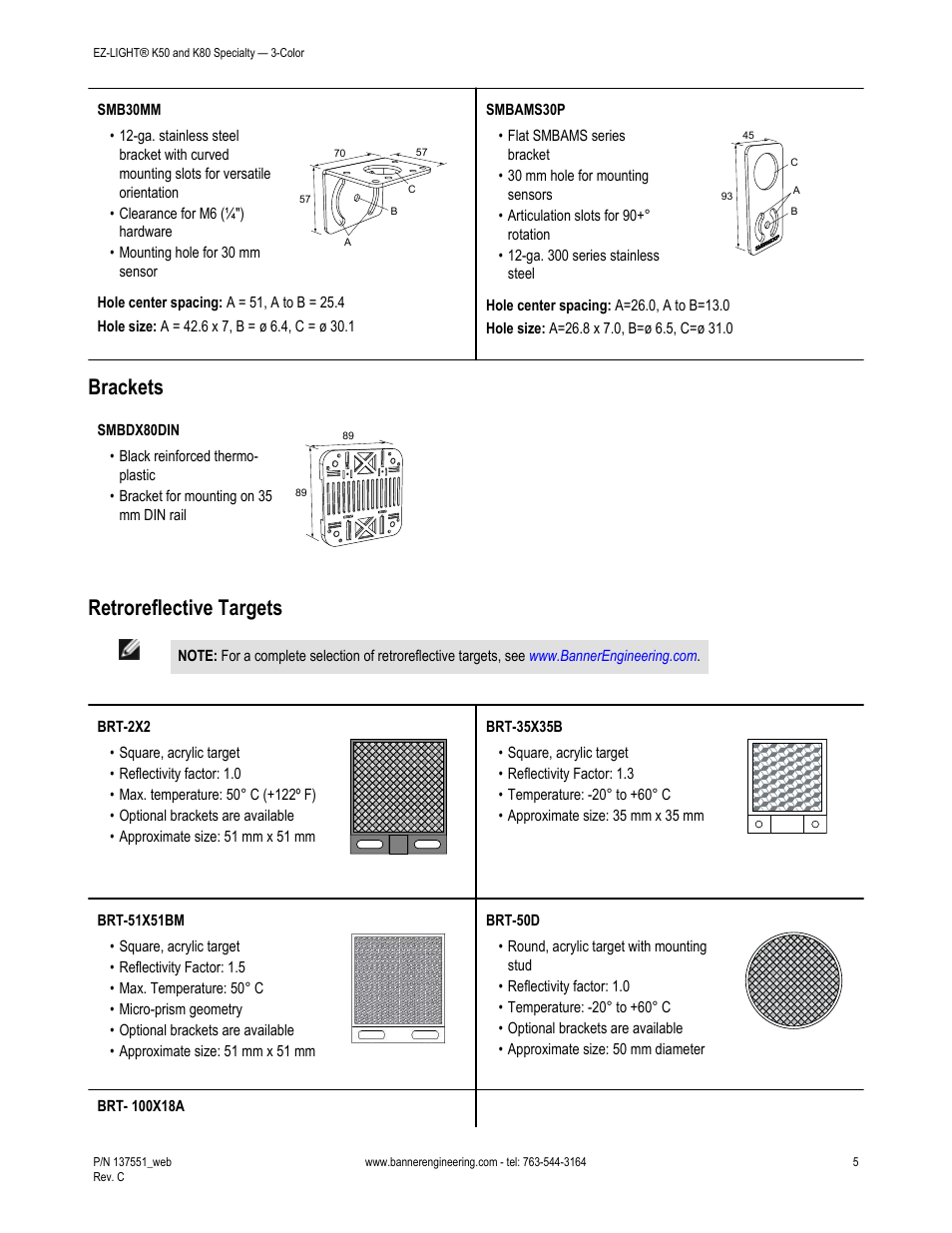 Brackets, Retroreflective targets | Banner K80 Pick-to-Light EZ-LIGHT User Manual | Page 5 / 6