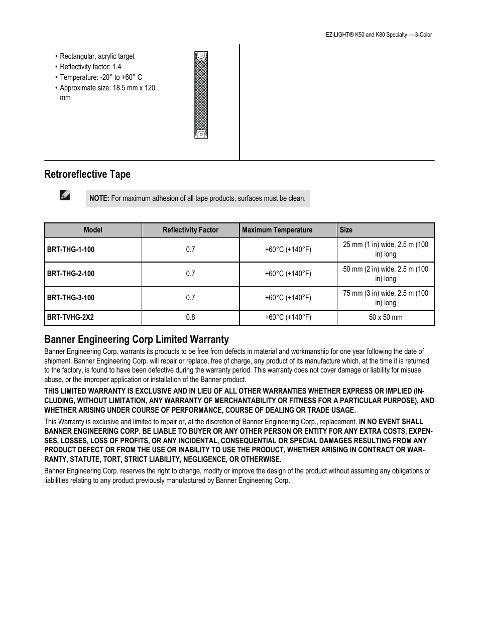 Retroreflective tape, Banner engineering corp limited warranty | Banner K80 Pick-to-Light EZ-LIGHT User Manual | Page 6 / 6