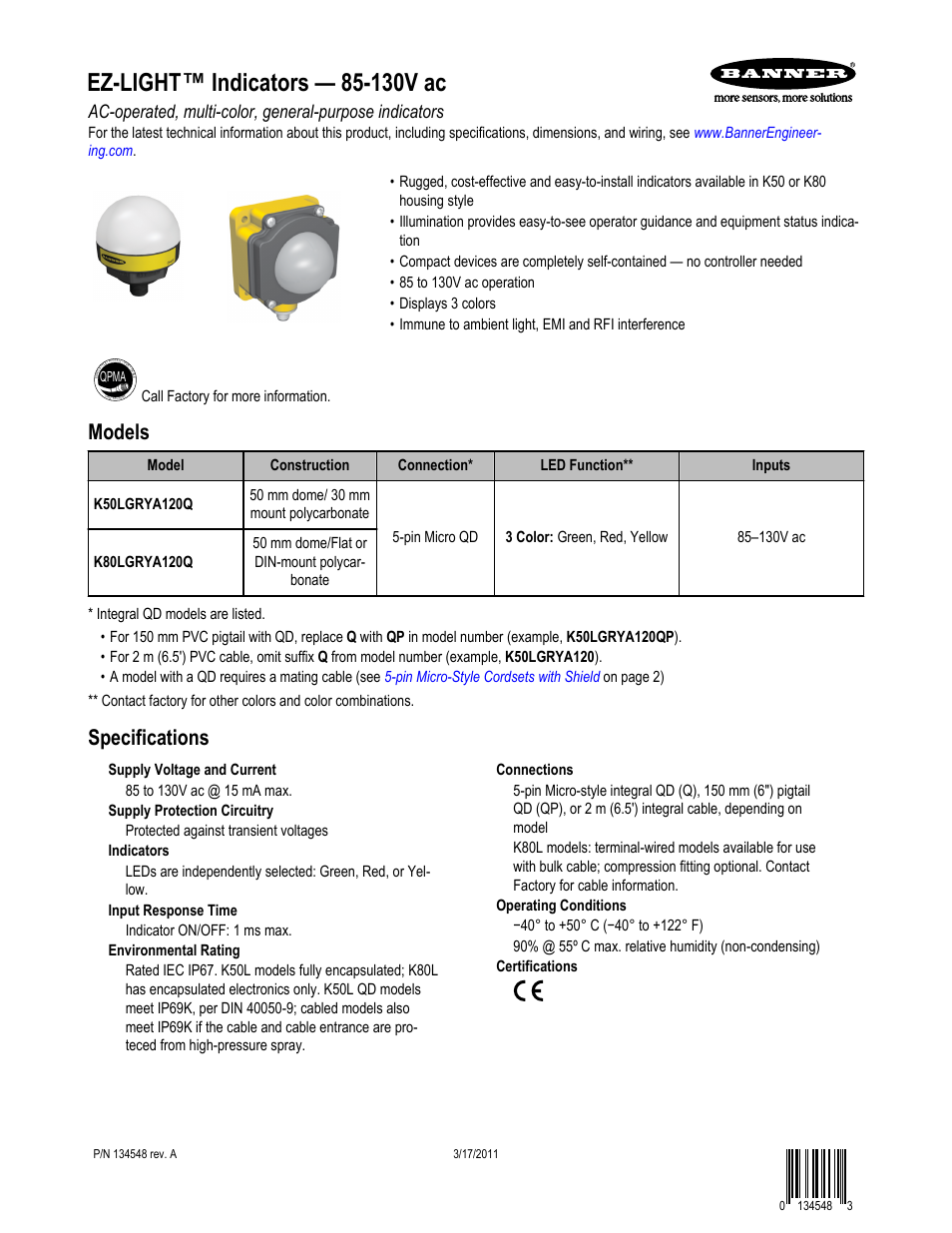 Banner K80L General Purpose EZ-LIGHT User Manual | 4 pages